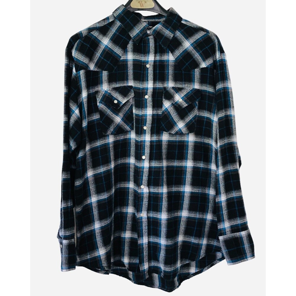 Ely Cattleman Men Large Blue/White/Black Plaid Pearl Snap Button Shirt Western